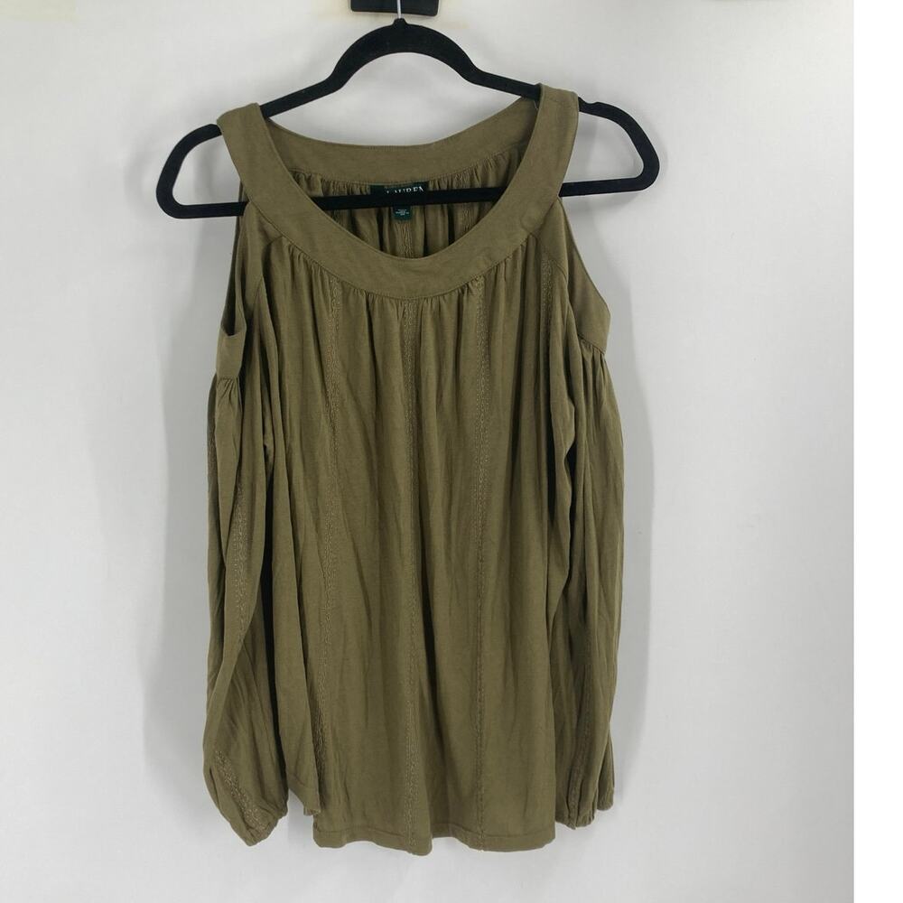 Lauren Ralph Lauren Olive Green Cold Shoulder Long Sleeve Cotton Modal Top Lg